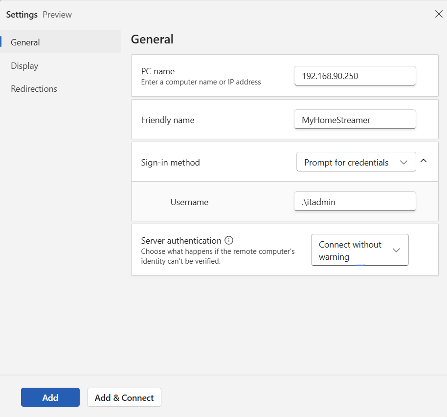 The Windows App General settings for a saved PC: computer name or IP, friendly name, and sign-in method.