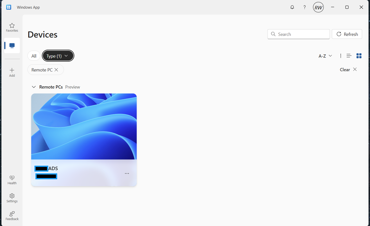 The Windows App home screen showing saved remote PC connections as tiles.