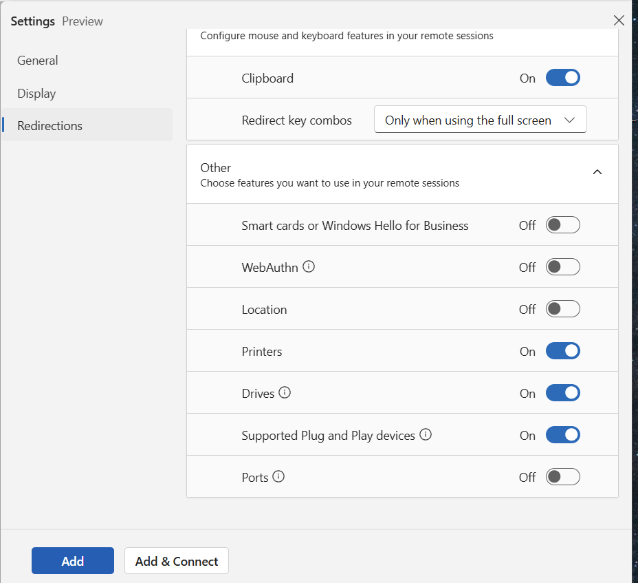 The Windows App Redirections settings, with toggles for clipboard, drives, printers and other local resources.